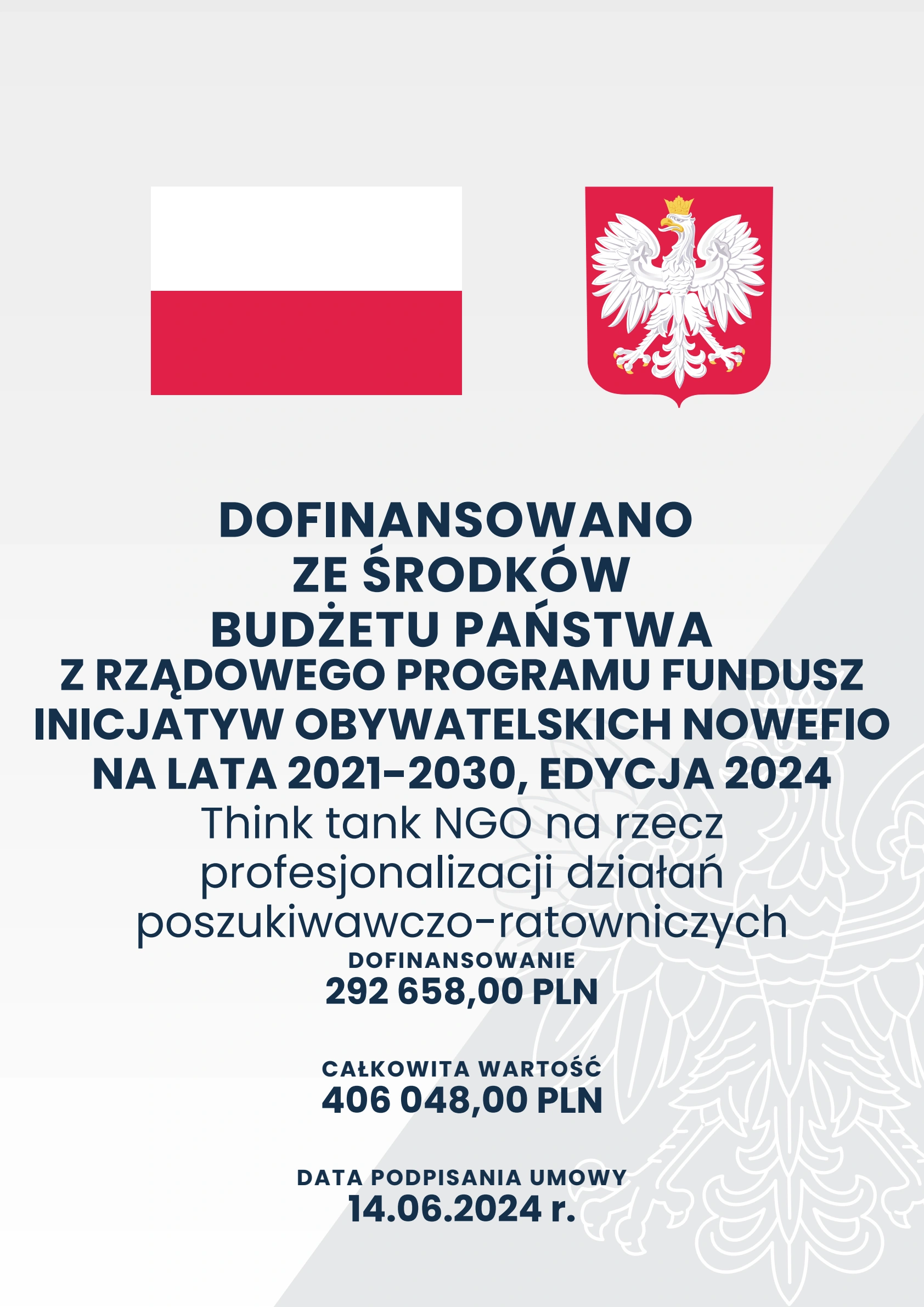 Plakat: dofinansowano ze środków budżetu państwa. Dane finansowe i opis zadania publicznego są dostępne obok w formie tekstowej.